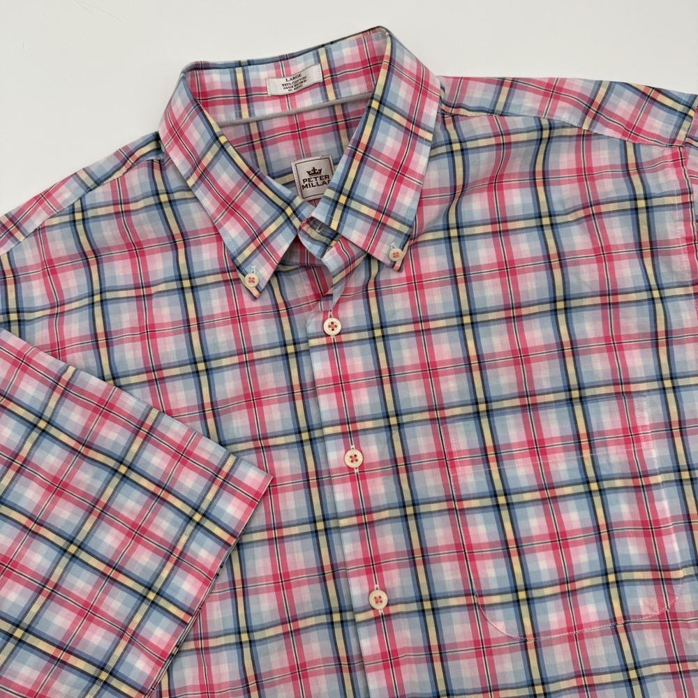 Peter Millar Plaid‎ Button Down Short Sleeve Casual Shirt Mens Size Large Pink